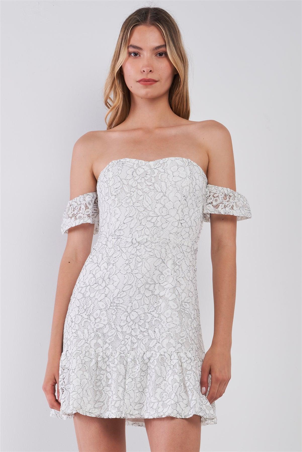 White & Black Lace Sweetheart Off-The-Shoulder Fitted Mini Dress /1-2-2-1