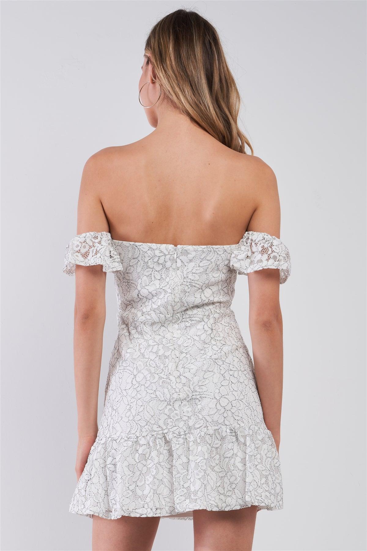 White & Black Lace Sweetheart Off-The-Shoulder Fitted Mini Dress /1-2-2-1