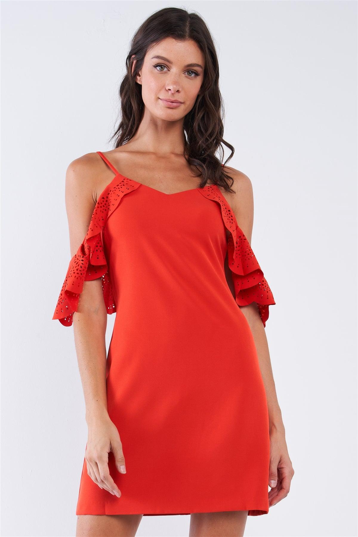 Tomato Red Cocktail V-Neck Crochet Ruffle Off-The-Shoulder Hem Tube Mini Dress /2-2-1