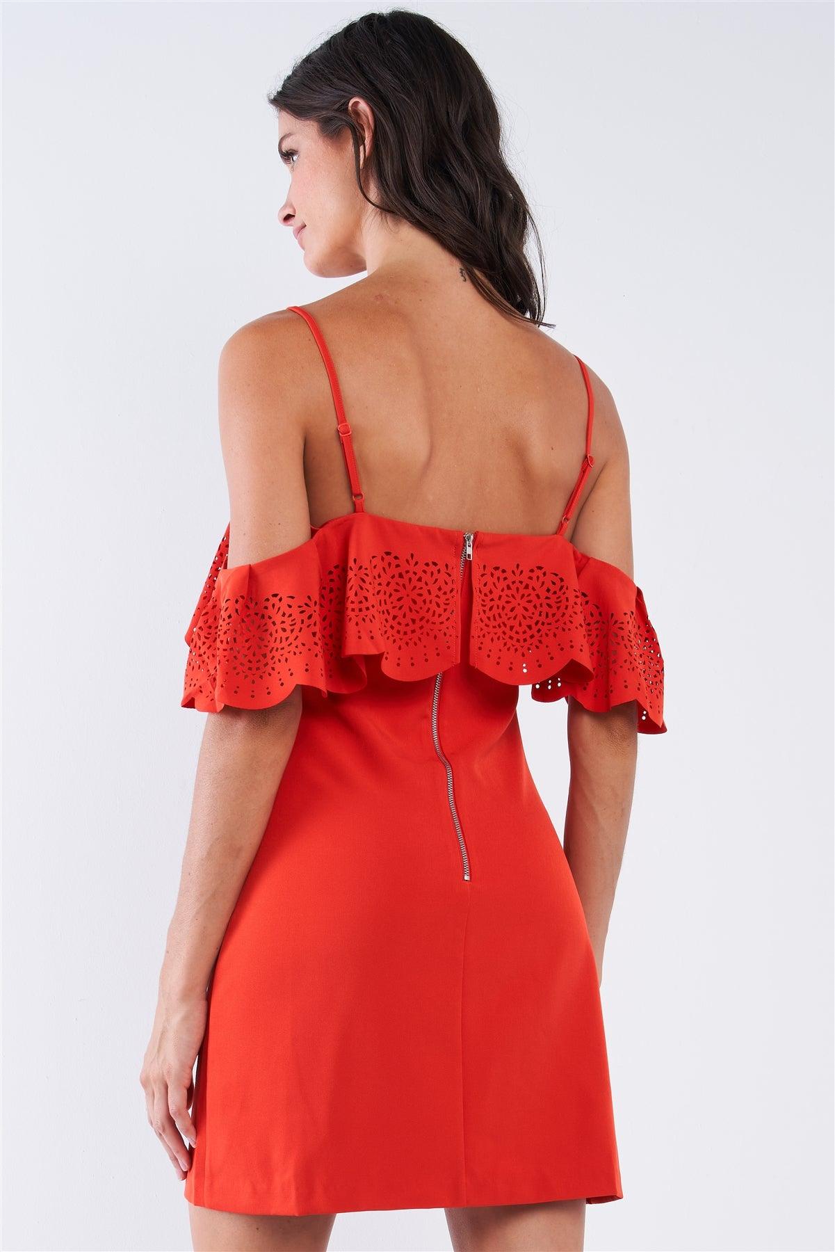 Tomato Red Cocktail V-Neck Crochet Ruffle Off-The-Shoulder Hem Tube Mini Dress /2-2-1