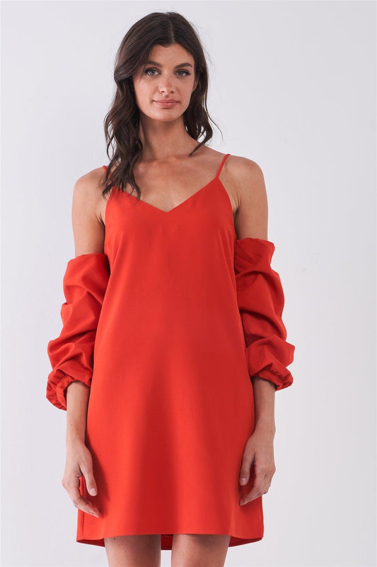 Crimson Red Cold-Shoulder Gathered Sleeve Detail V-Neck Relaxed Mini Dress /1-2-2-1