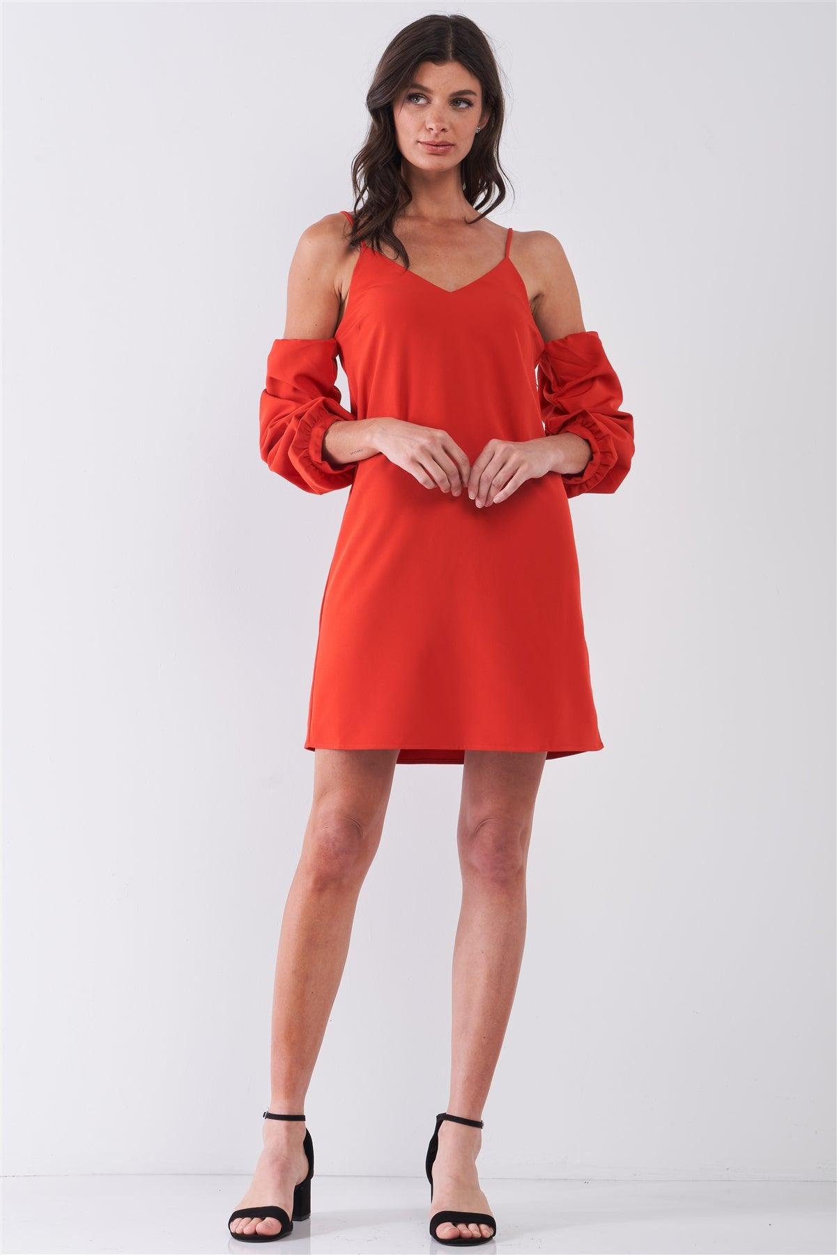 Crimson Red Cold-Shoulder Gathered Sleeve Detail V-Neck Relaxed Mini Dress /1-2-2-1