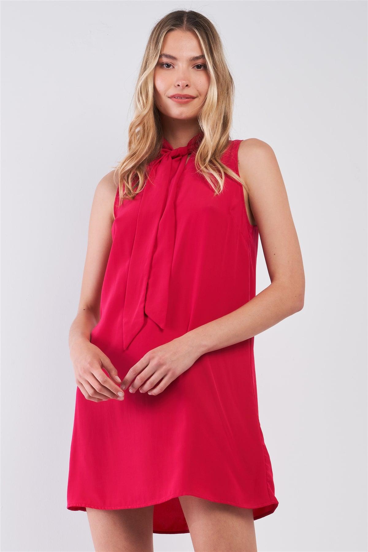 Red Berry Sleeveless Self-Tie Neckline Straight-Cut Executive Mini Dress /1-2-2-1