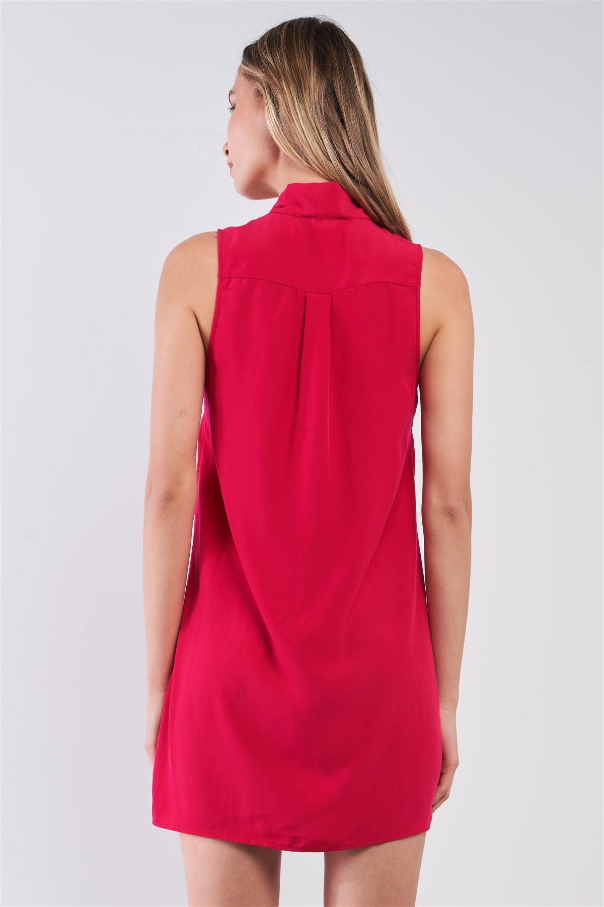 Red Berry Sleeveless Self-Tie Neckline Straight-Cut Executive Mini Dress /1-2-2-1