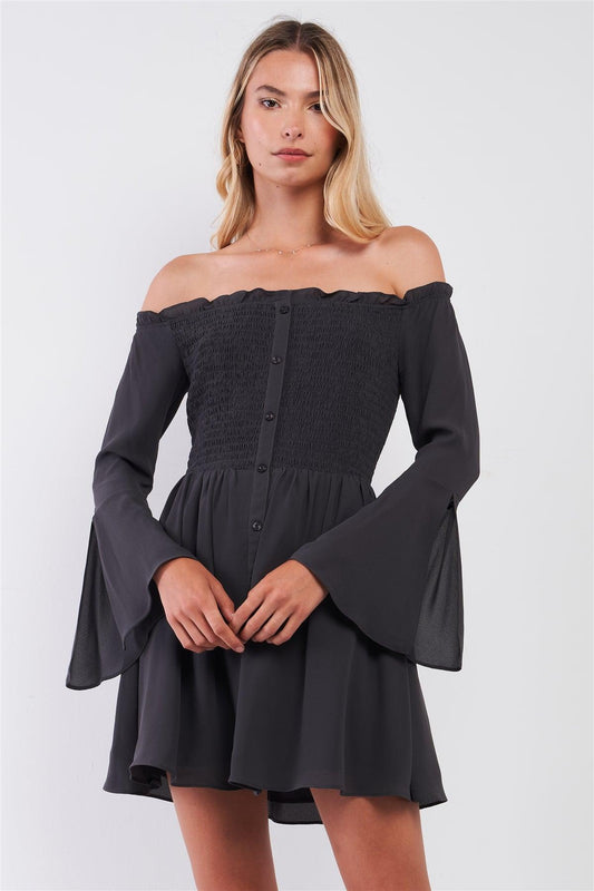 Charcoal Grey Frill Off-The-Shoulder Trumpet Sleeve Smock Flare Mini Dress /1-2-2-1