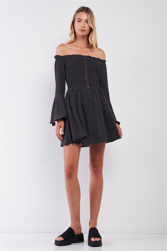 Charcoal Grey Frill Off-The-Shoulder Trumpet Sleeve Smock Flare Mini Dress /2-1-2-1