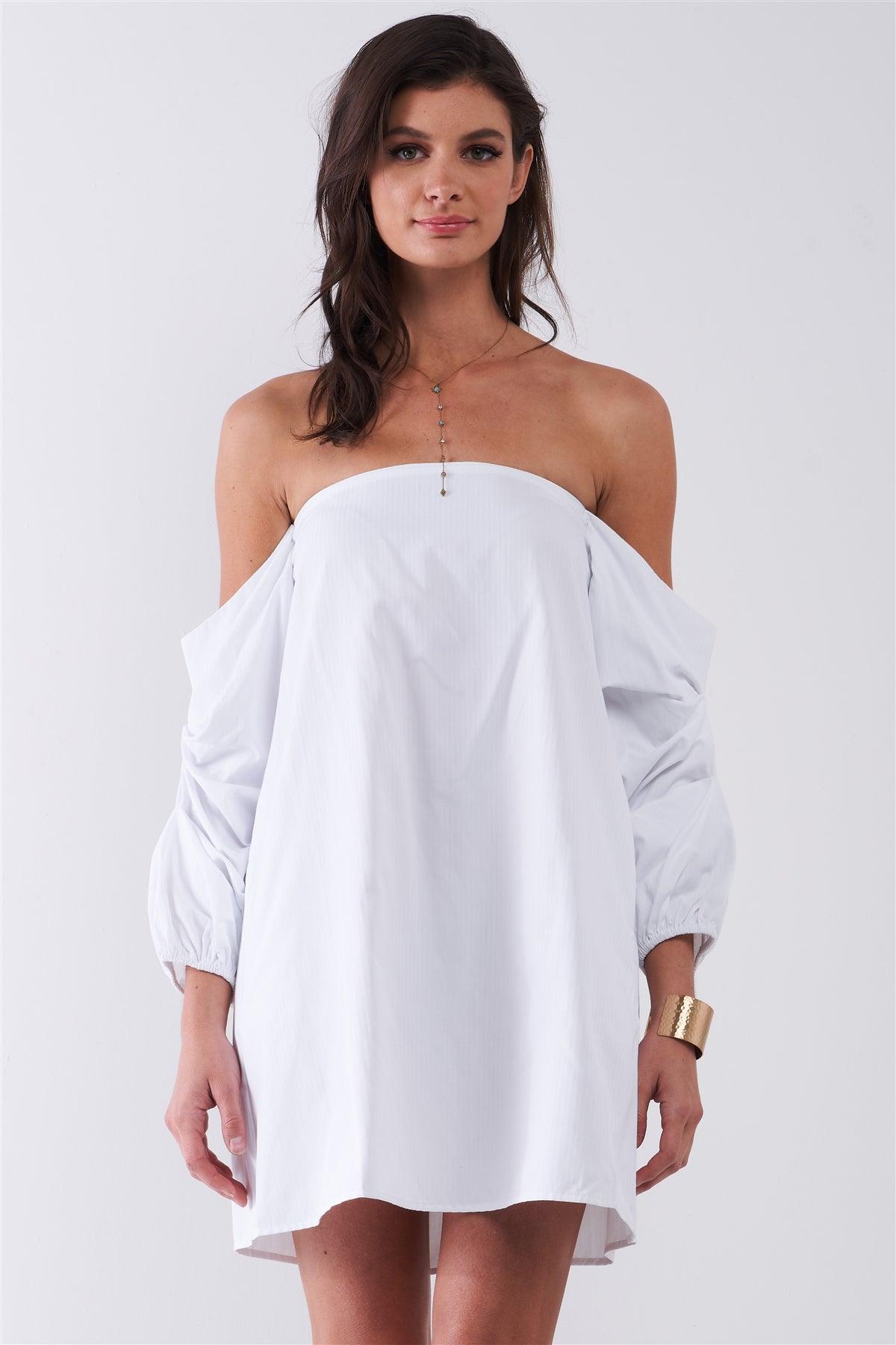 Romance Me White Transparent Stripe Print Off-The-Shoulder Gathered Balloon Sleeve Loose Shirt Mini Dress /1-2-2-1