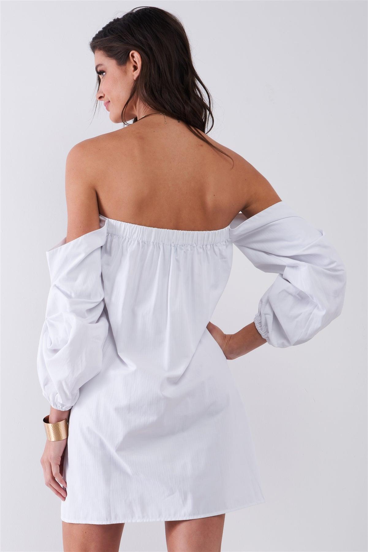 Romance Me White Transparent Stripe Print Off-The-Shoulder Gathered Balloon Sleeve Loose Shirt Mini Dress /1-2-2-1