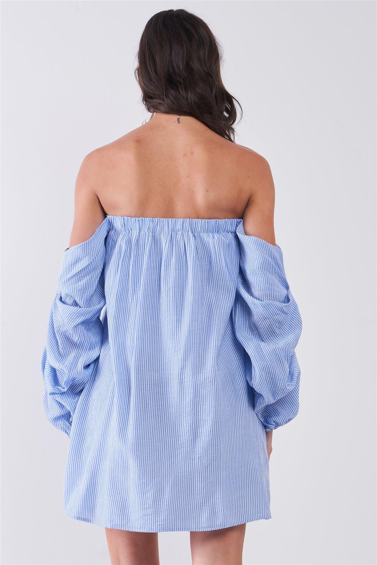 Baby Blue & White Stripe Print Off-The-Shoulder Gathered Balloon Sleeve Loose Shirt Mini Dress /1-2-2-1