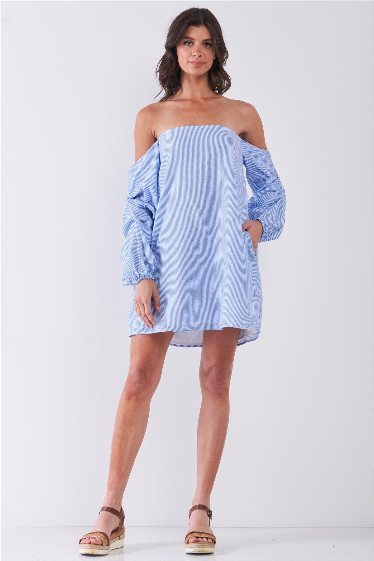 Baby Blue & White Stripe Print Off-The-Shoulder Gathered Balloon Sleeve Loose Shirt Mini Dress /1-2-2-1