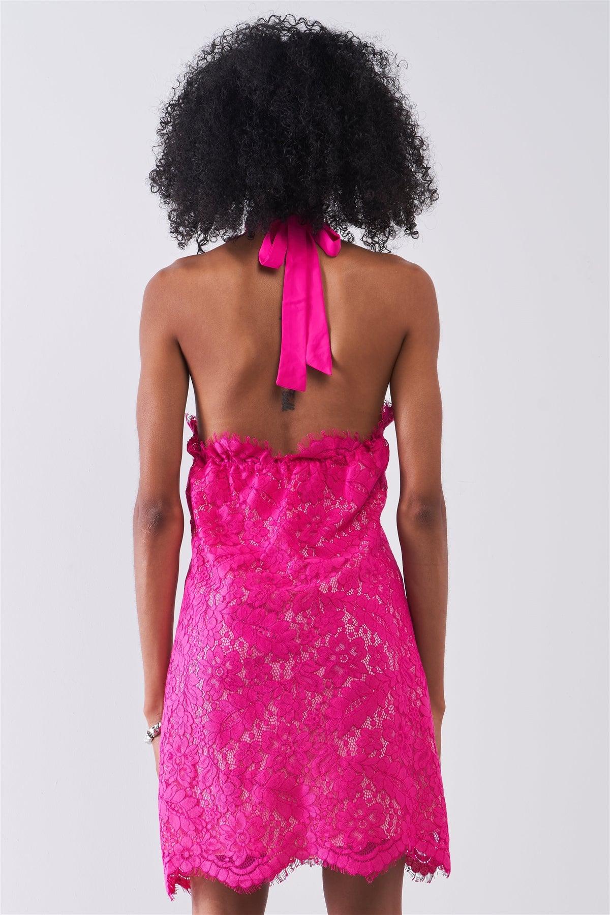 Magenta Crochet Embroidery Halter Neck Sleeveless Cut-Out Detail Mini Dress /1-2-1