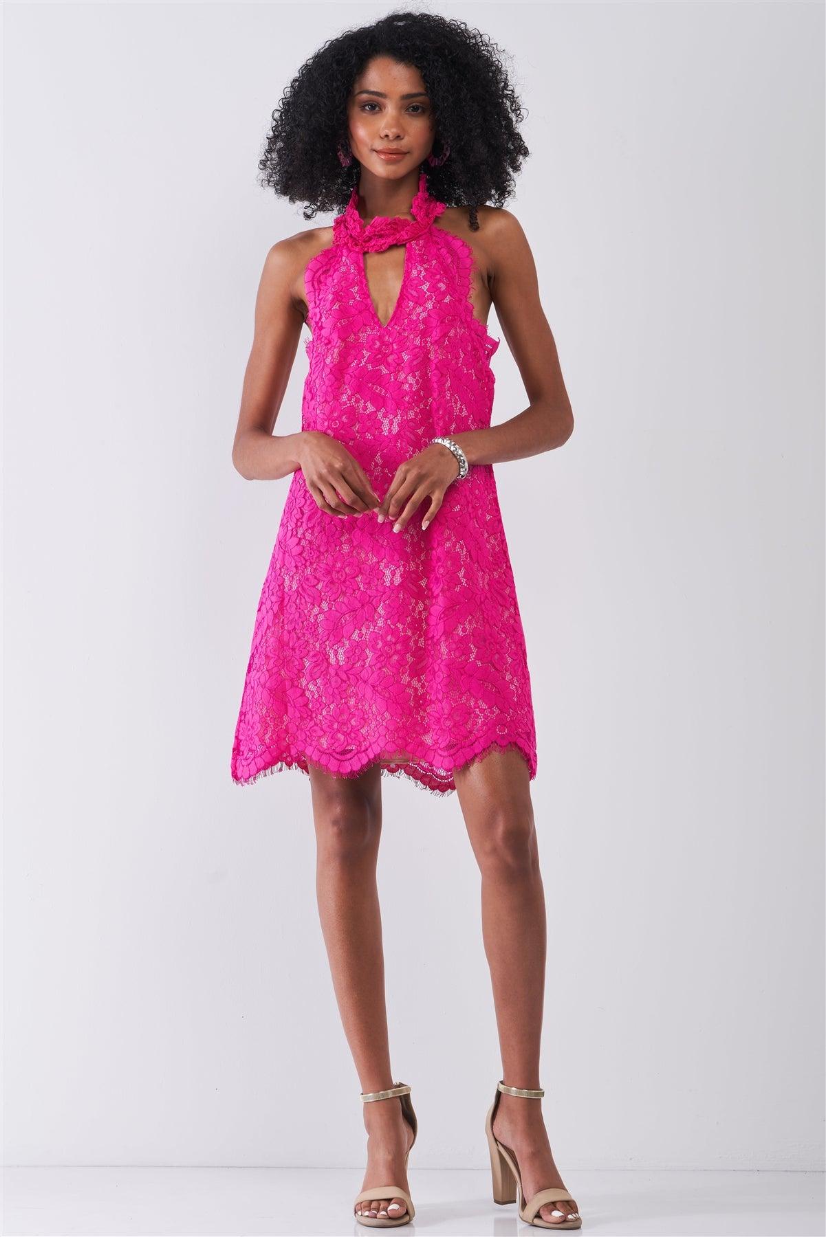 Magenta Crochet Embroidery Halter Neck Sleeveless Cut-Out Detail Mini Dress /1-2-1