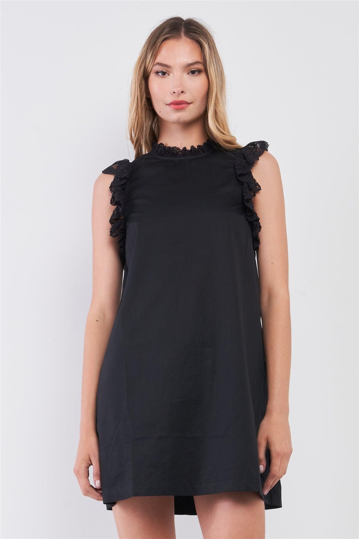 Black Sleeveless Mock Neck Ruffle Lace Trim Straight-Cut Mini Dress /1-2-2-1