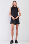 Black Sleeveless Mock Neck Ruffle Lace Trim Straight-Cut Mini Dress /2-2-2