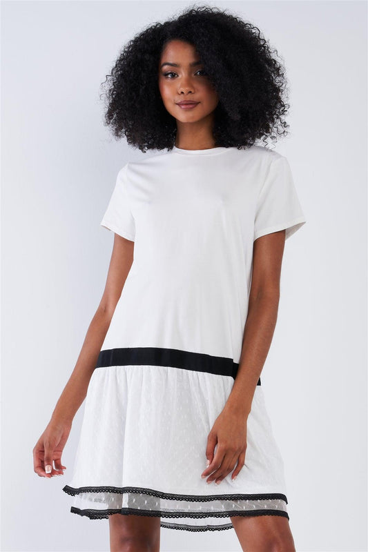 Off-White Black Detail Loose Shapeless Lined Double Mesh Bottom Layer Crew Neck Mini Sleeve T-Shirt Mini Dress /1-2-2-1