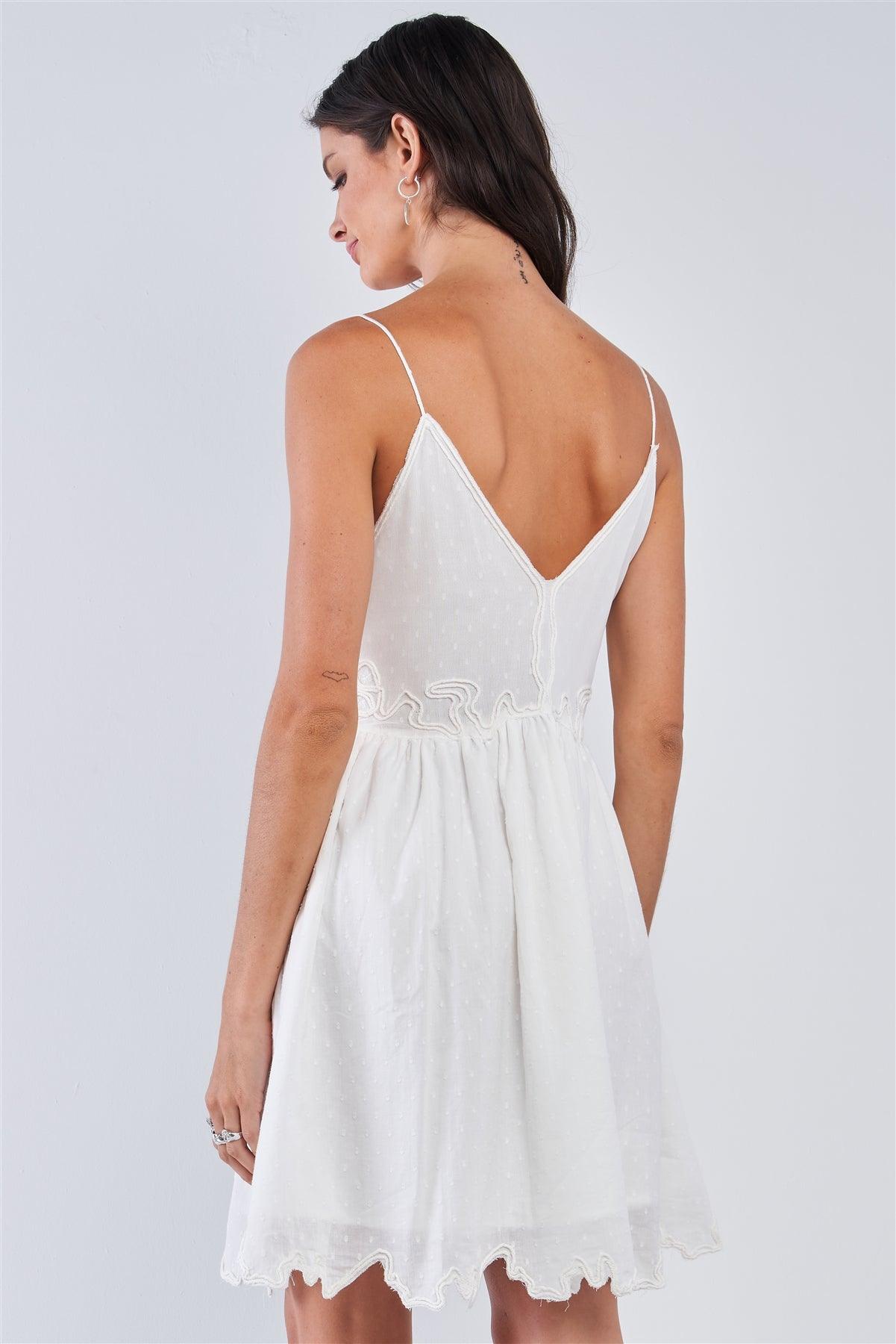 White Boho Relaxed Fit Sleeveless V-Neck Butterfly Wing Embroidered Polka Dot Mesh Chest Uneven Hem Mini Dress /2-2-1