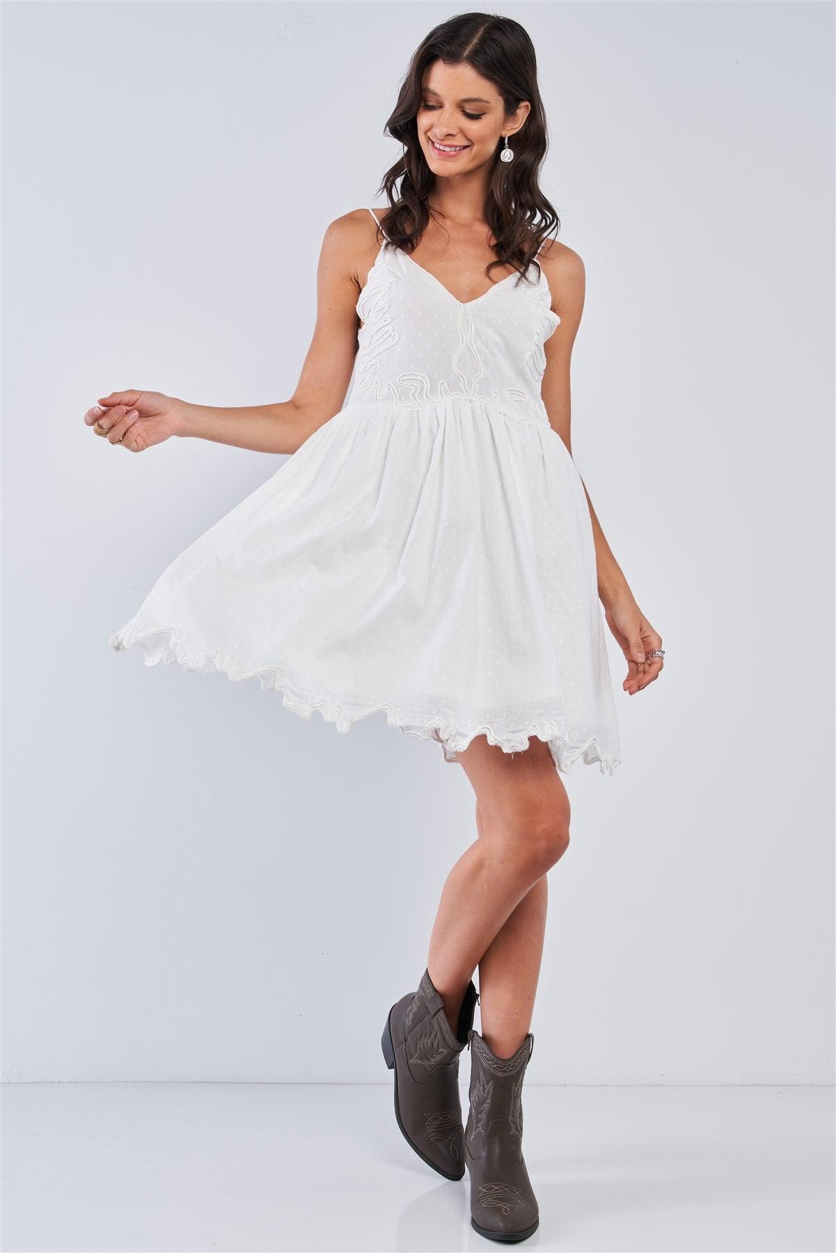 White Boho Relaxed Fit Sleeveless V-Neck Butterfly Wing Embroidered Polka Dot Mesh Chest Uneven Hem Mini Dress /2-2-1