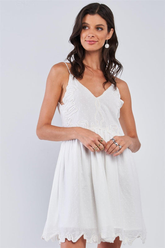 White Boho Relaxed Fit Sleeveless V-Neck Butterfly Wing Embroidered Polka Dot Mesh Chest Uneven Hem Mini Dress /1-2-2-1