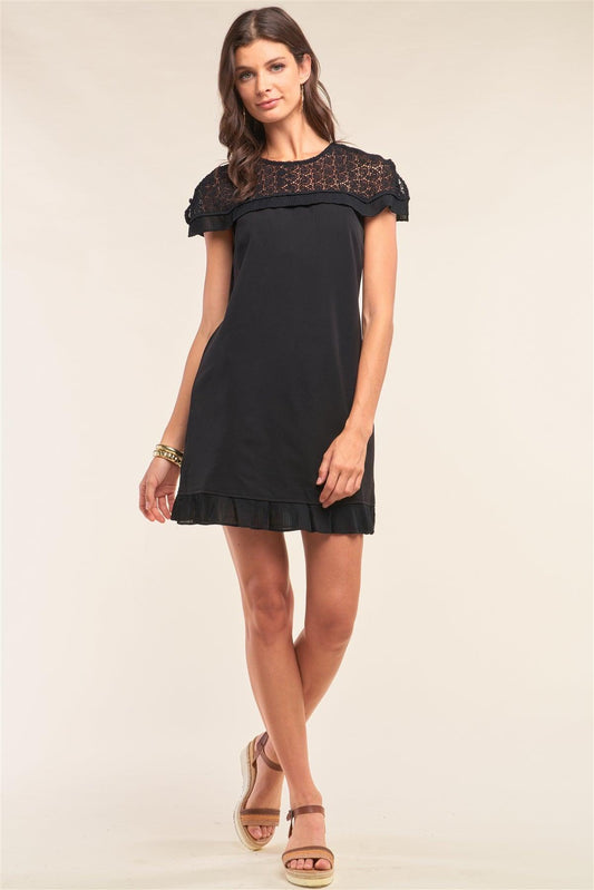 Black Crochet Lace Trim Self-Tie Crew Neck Pleated Hem Detail Relaxed Fit Mini Dress /1-3-1