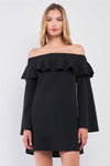 Black Off-The-Shoulder Ruffle Long Bell Sleeve Mini Dress /3-2-1