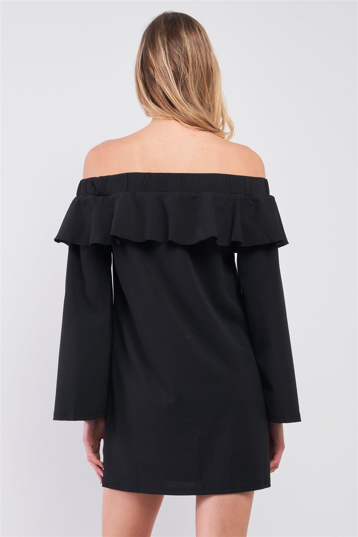 Black Off-The-Shoulder Ruffle Long Bell Sleeve Mini Dress /3-2-1