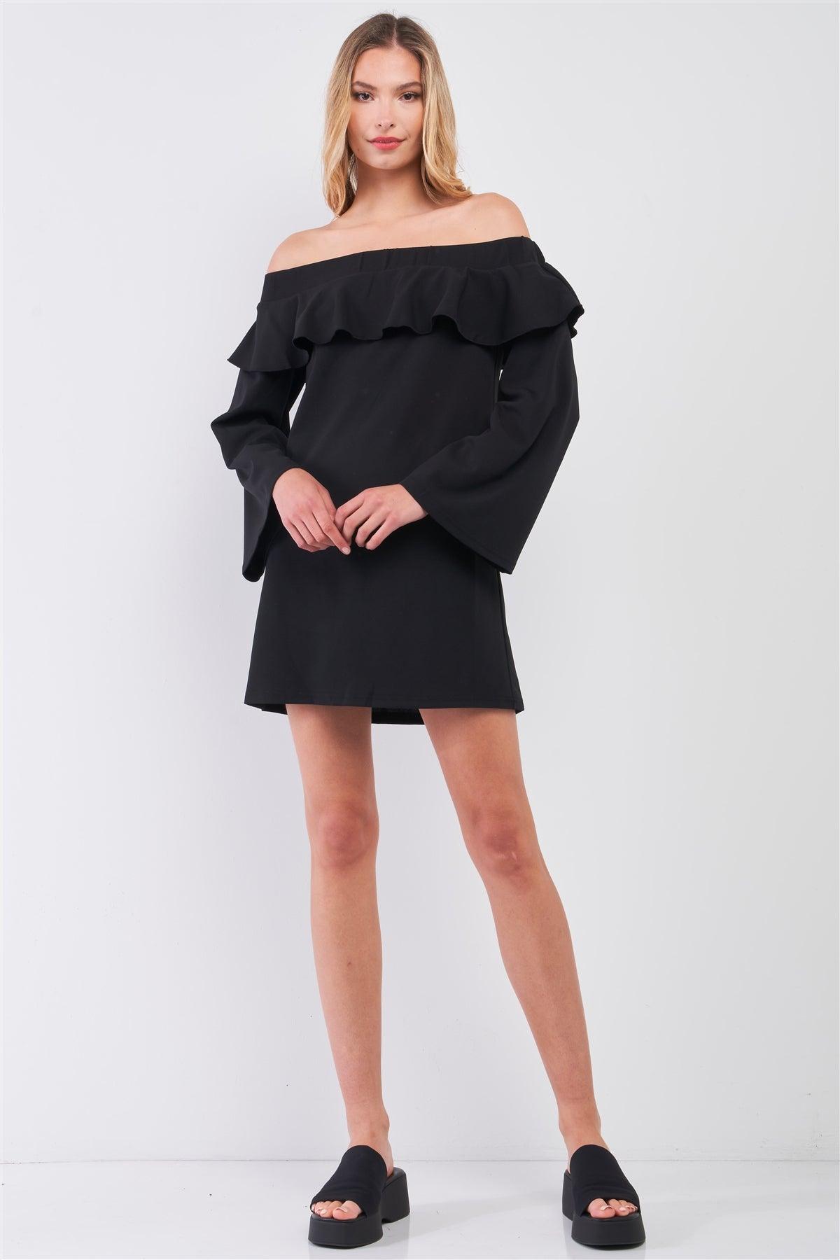 Black Off-The-Shoulder Ruffle Long Bell Sleeve Mini Dress /3-2-1