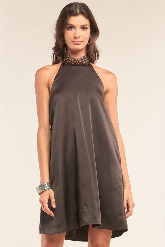 Dark Brown Satin Sleeveless Relaxed Fit Keyhole Trim Self-Tie Halter Neck Open Back Mini Dress /1-2-2-1