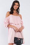 Blush Pink Loose Fit V-Neck Off-The-Shoulder Gathered Sleeve Detail Mini Dress /1-2-2-1