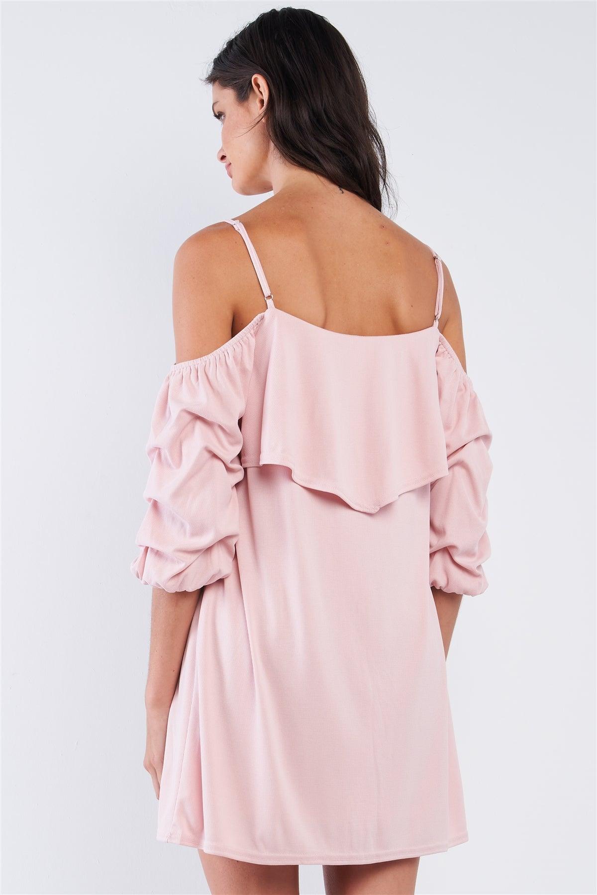 Blush Pink Loose Fit V-Neck Off-The-Shoulder Gathered Sleeve Detail Mini Dress /1-2-2-1