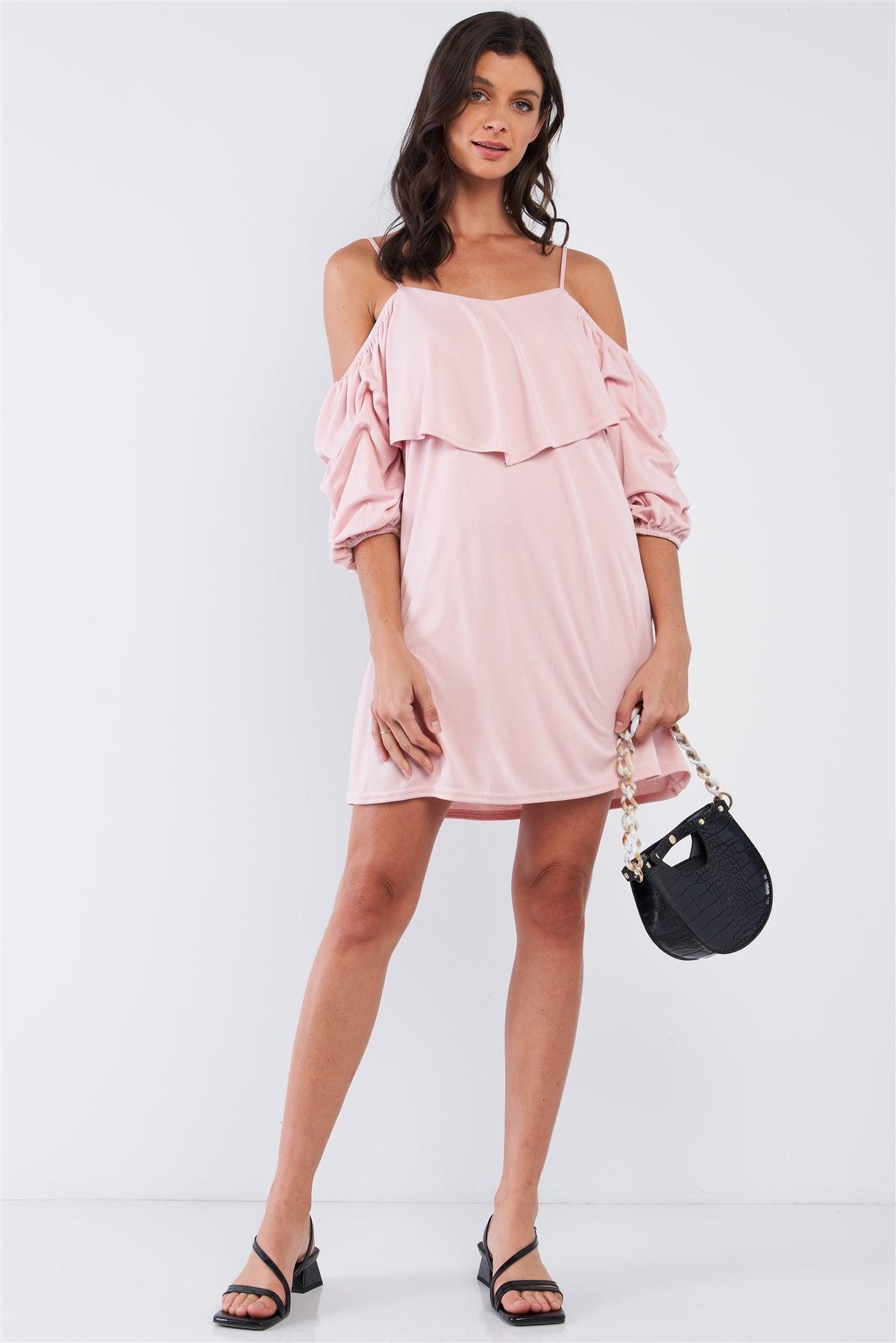 Blush Pink Loose Fit V-Neck Off-The-Shoulder Gathered Sleeve Detail Mini Dress /1-2-2-1