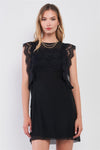 Black Mesh Sleeveless Lace Trim Round Neck Self-Tie Side Detail Straight Mini Dress /1-2-2-1