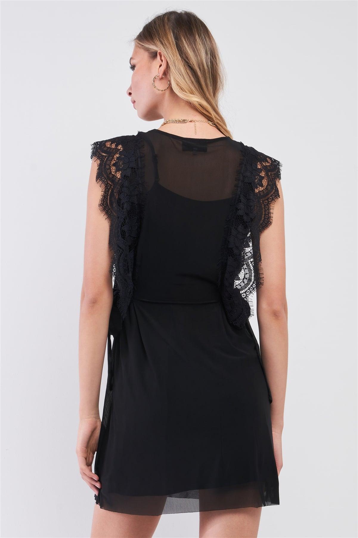 Black Mesh Sleeveless Lace Trim Round Neck Self-Tie Side Detail Straight Mini Dress /1-2-2-1