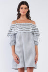 Blue&Black Loose Fit Striped Off-The-Shoulder Long Sleeve Ruffle Hem Mini Dress /1-2-2-1