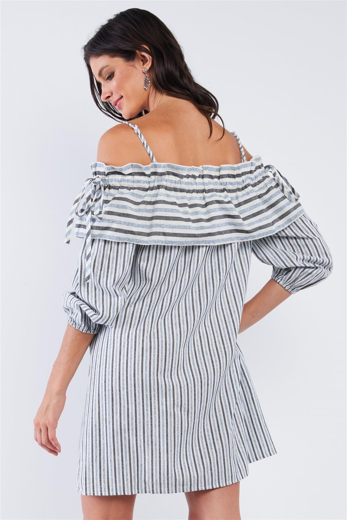 Blue&Black Loose Fit Striped Off-The-Shoulder Long Sleeve Ruffle Hem Mini Dress /1-2-2-1