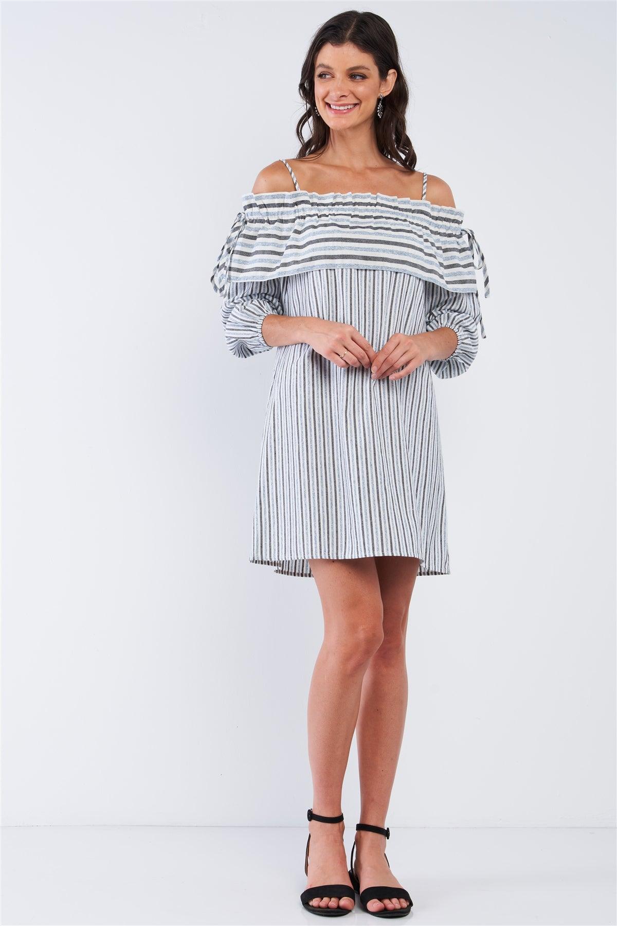 Blue&Black Loose Fit Striped Off-The-Shoulder Long Sleeve Ruffle Hem Mini Dress /1-2-2-1