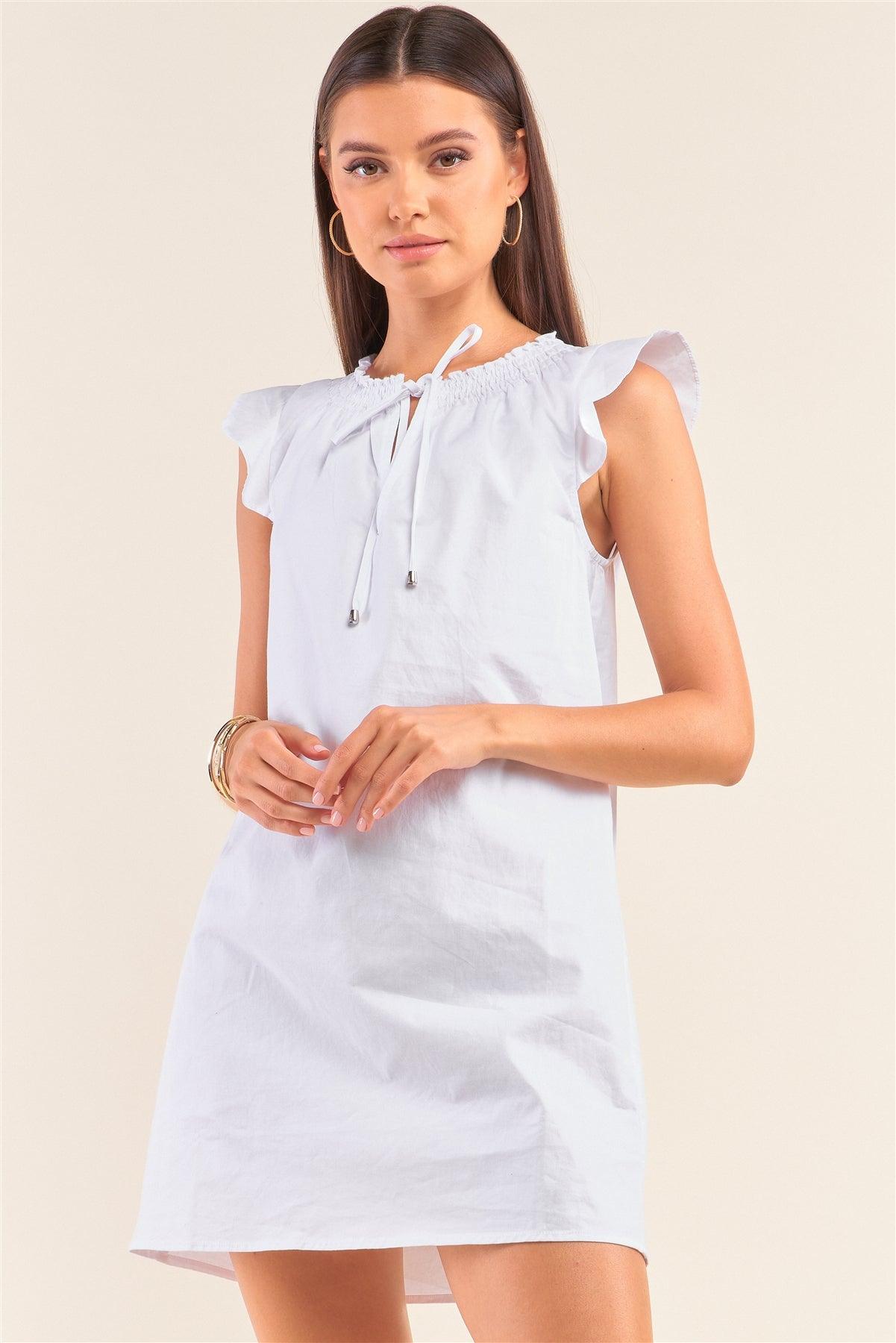 White Smock Neck Cap Flutter Sleeve Front Self-Tie Keyhole Mini Shift Dress /1-2-2-1