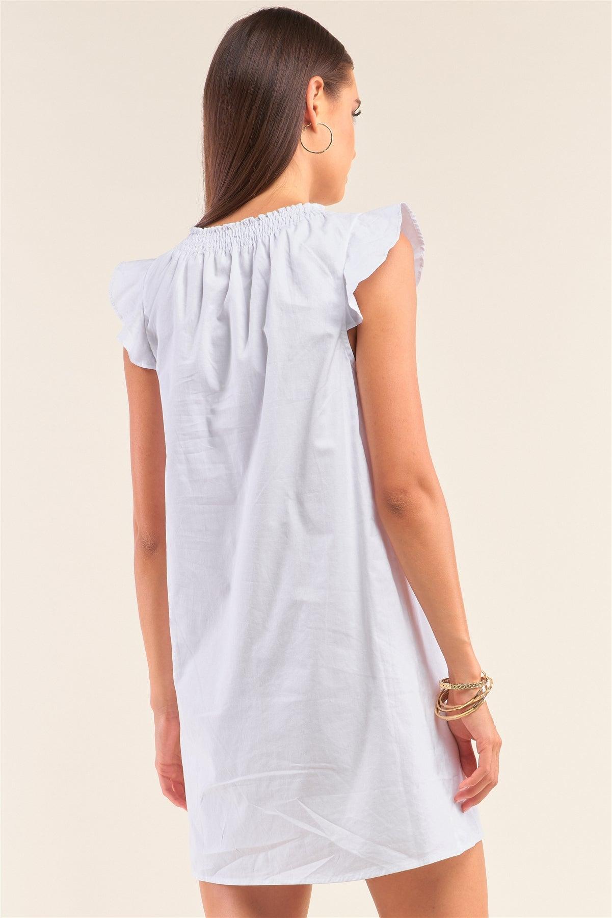 White Smock Neck Cap Flutter Sleeve Front Self-Tie Keyhole Mini Shift Dress /1-2-2-1