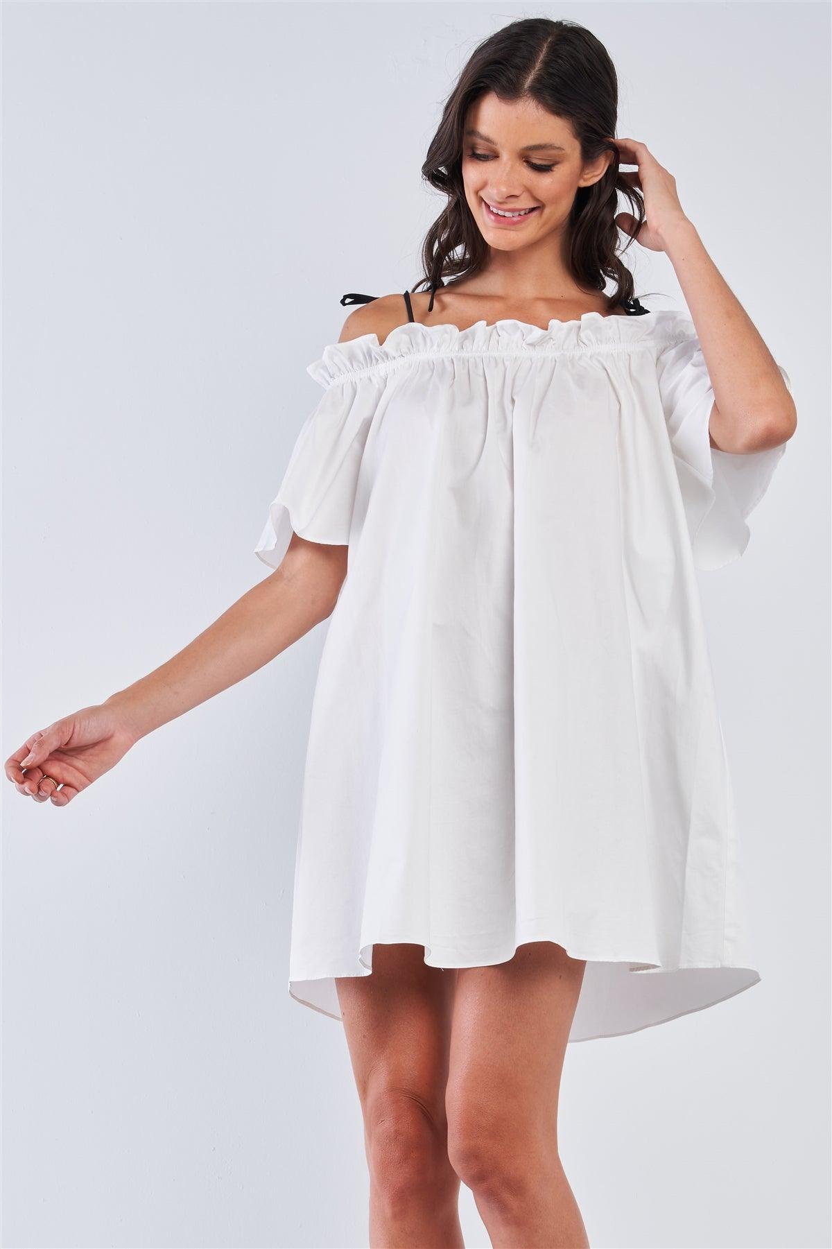 White Off The Shoulder Ruffle Detail Self-Tie Cami Straps Mini Dress / 1-2-2-1