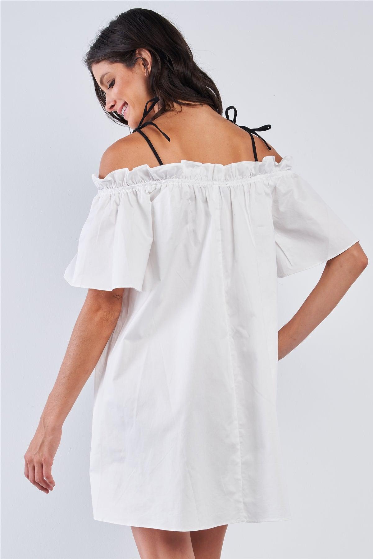 White Off The Shoulder Ruffle Detail Self-Tie Cami Straps Mini Dress / 1-2-2-1