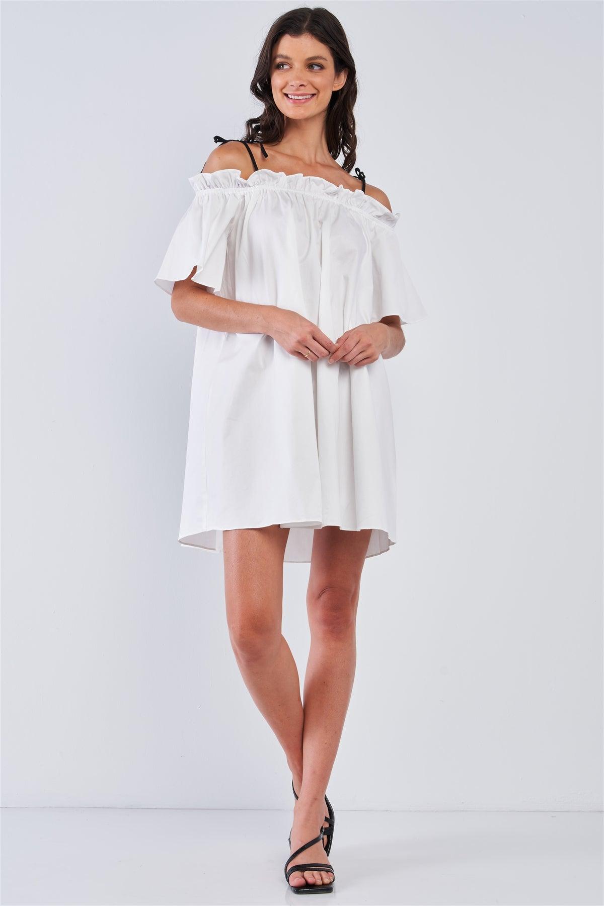 White Off The Shoulder Ruffle Detail Self-Tie Cami Straps Mini Dress / 1-2-2-1