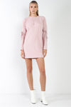 Shell Pink Ribbed Self-Tie Detail Long Sleeve Mock Neck Loose Mini Dress /1-2-2-1