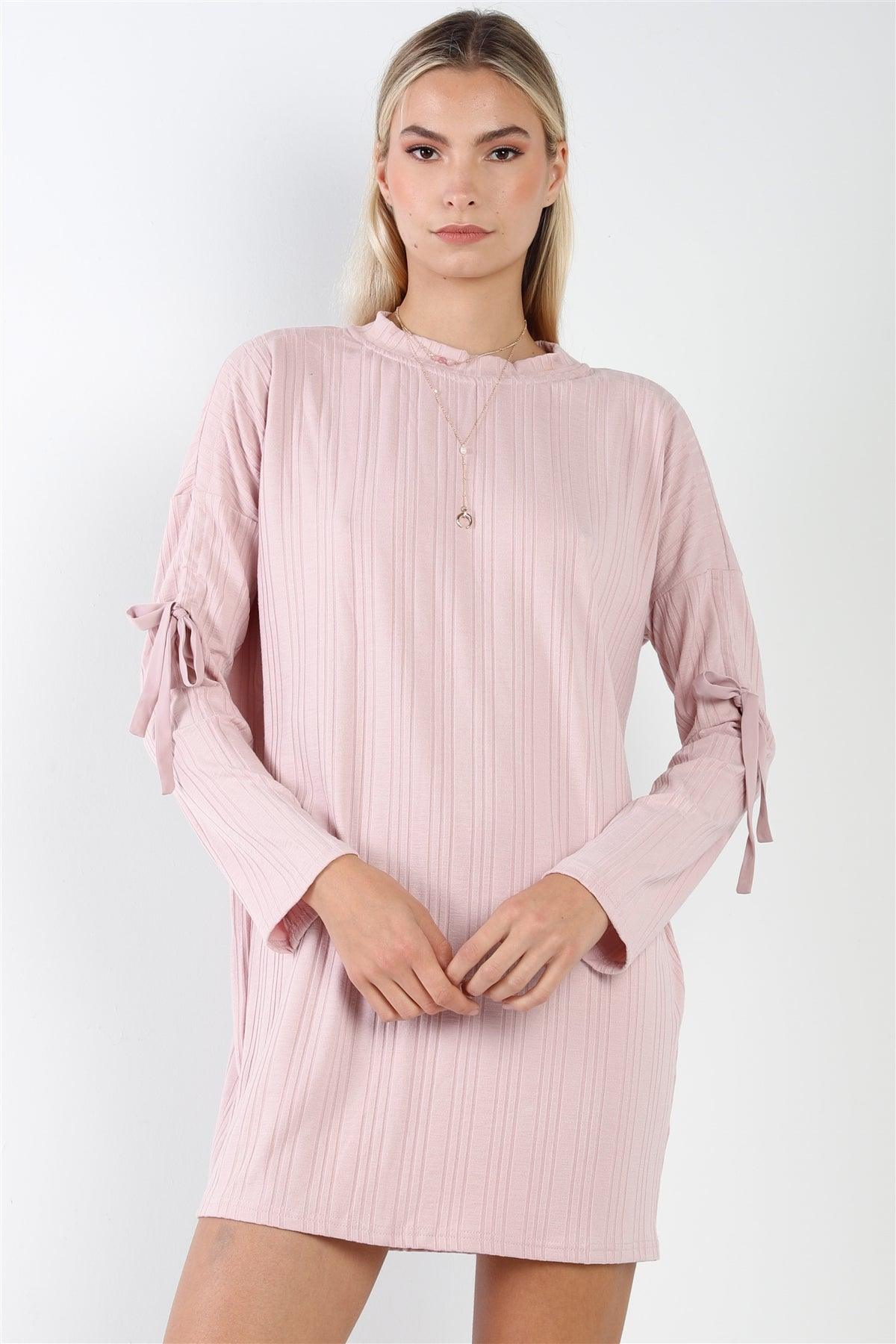 Shell Pink Ribbed Self-Tie Detail Long Sleeve Mock Neck Loose Mini Dress /1-2-2-1