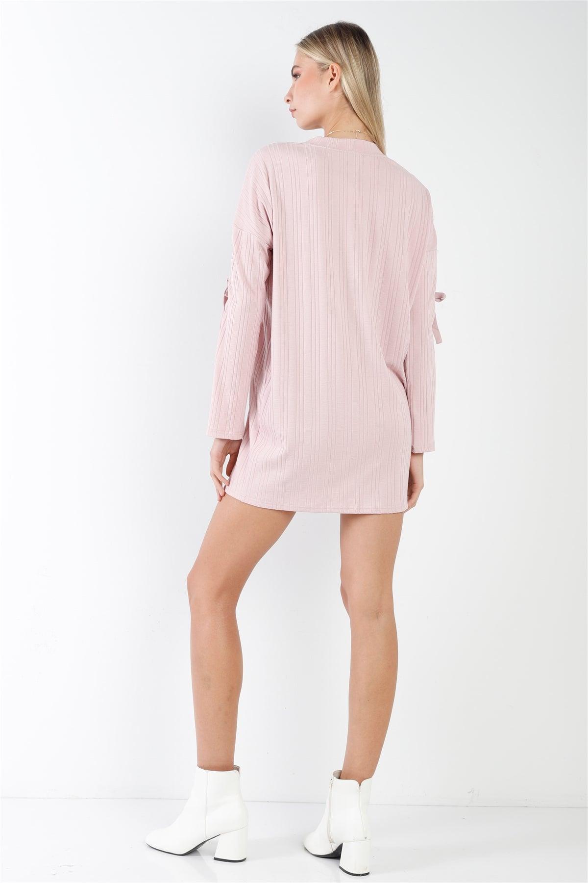 Shell Pink Ribbed Self-Tie Detail Long Sleeve Mock Neck Loose Mini Dress /1-2-2-1