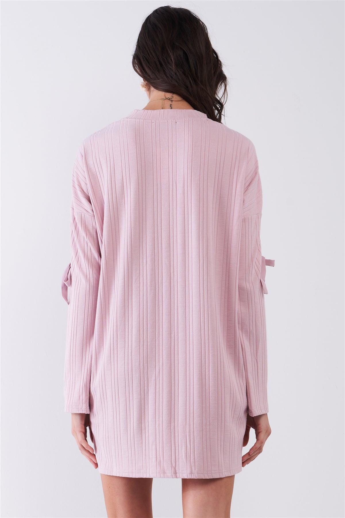 Shell Pink Ribbed Self-Tie Detail Long Sleeve Mock Neck Loose Mini Dress /2-3-1