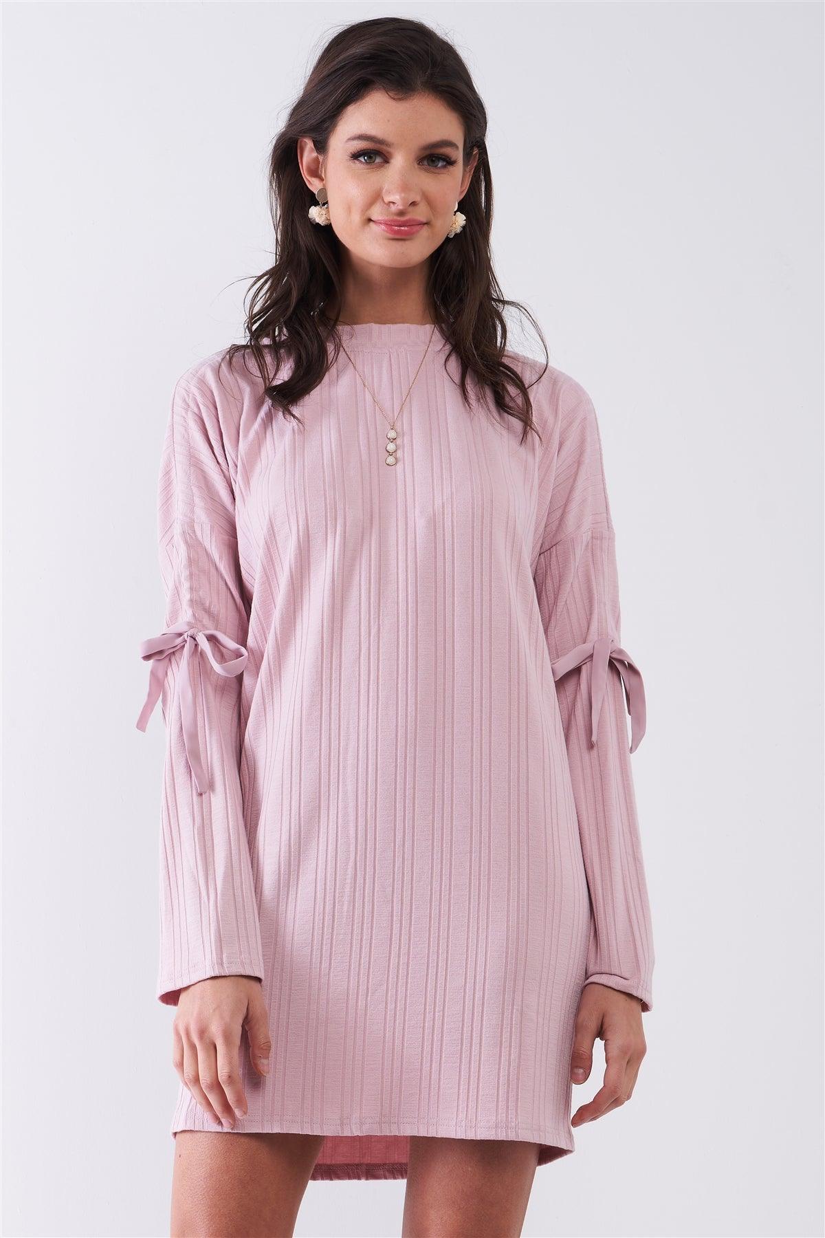 Shell Pink Ribbed Self-Tie Detail Long Sleeve Mock Neck Loose Mini Dress /2-3-1