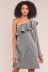 Grey Checkered Print One-Shoulder Flare Hem Long Sleeve Relaxed Fit Mini Dress /1-2-2-1