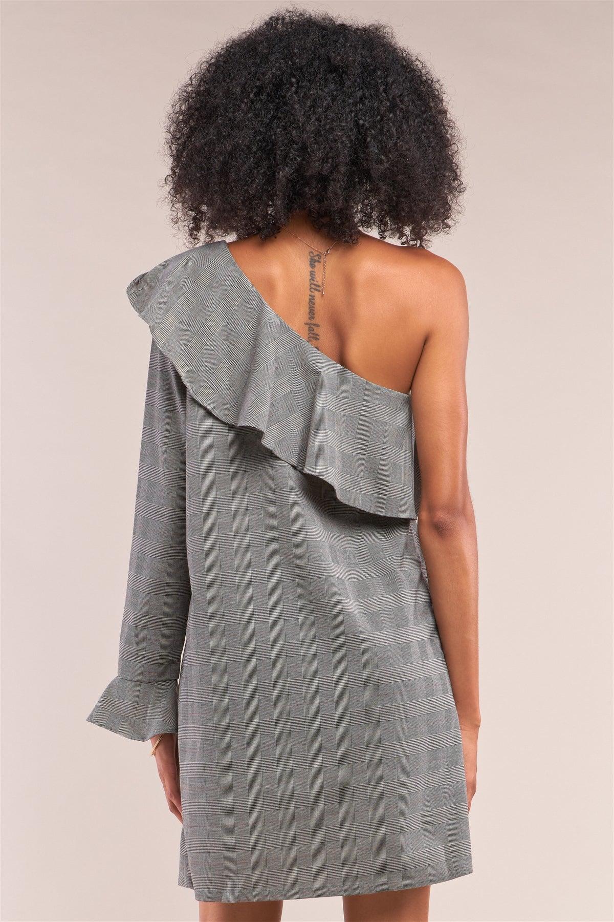 Grey Checkered Print One-Shoulder Flare Hem Long Sleeve Relaxed Fit Mini Dress /1-2-2-1