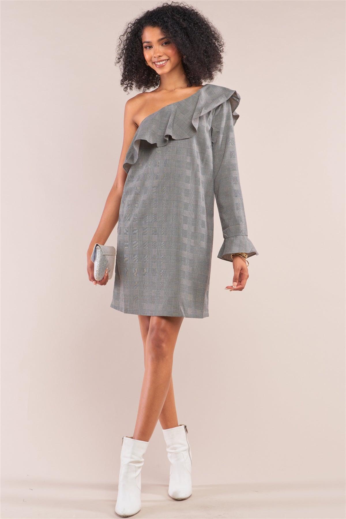 Grey Checkered Print One-Shoulder Flare Hem Long Sleeve Relaxed Fit Mini Dress /1-2-2-1