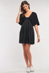 Onyx Black Satin Self-Tie Back Neck Angel Sleeve Pleated Mini Dress /1-2-2