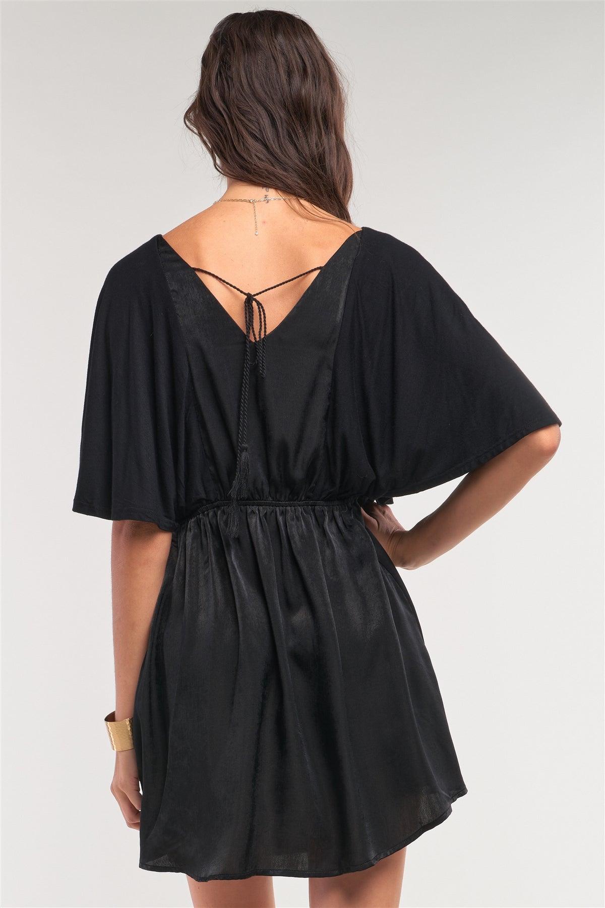 Onyx Black Satin Self-Tie Back Neck Angel Sleeve Pleated Mini Dress /1-2-2